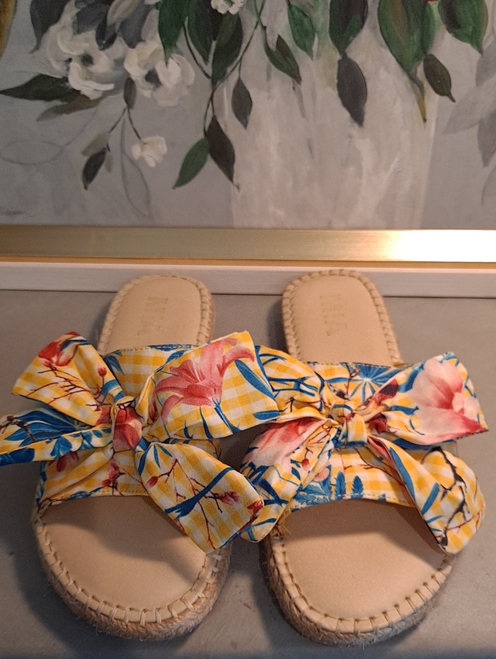 MIA Yellow Floral Bow Slide Espradille Sandals Blue Pink Tropical Jute Sole
